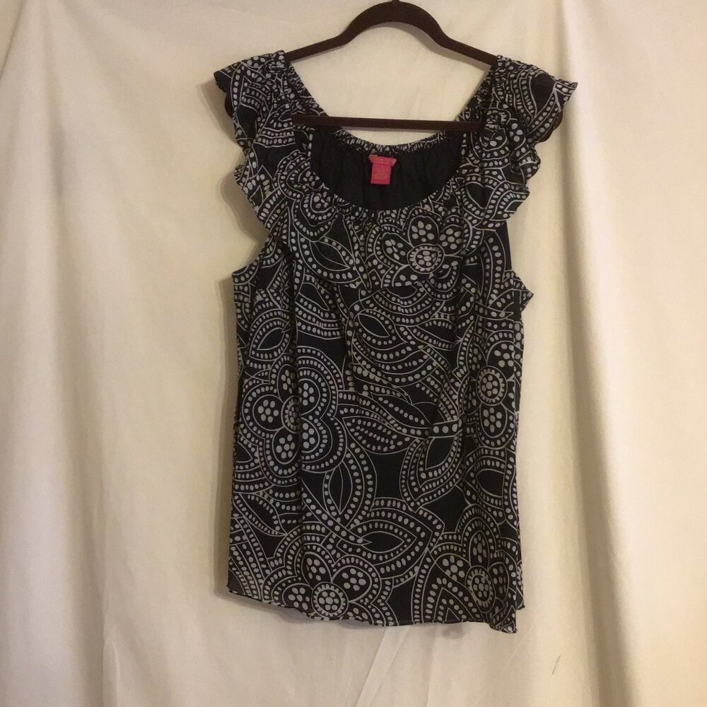 SUNNY LEIGH WOMAN Black/Grey Print Sleeveless Lightweight Lined Peasant Top 2X